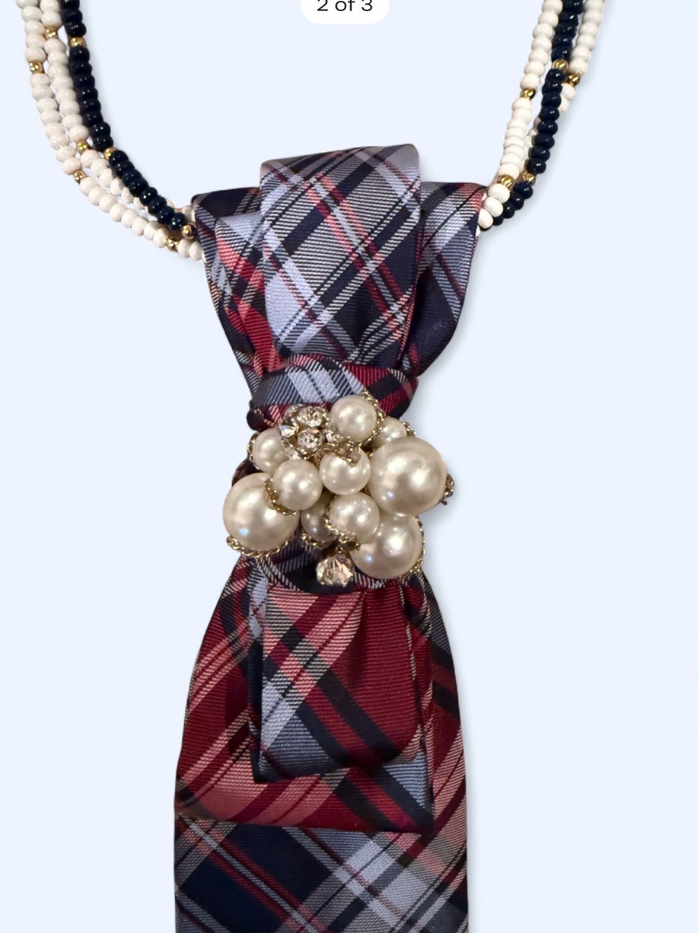 Upcycled Silk Plaid Necktie Necklace Pearl Embellishments Academia BacktoSchool - Picture 4 of 5